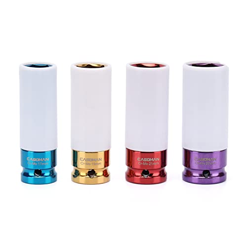 CASOMAN 1/2- Inch Drive Wheel Protector Impact Socket, 1/2" Thin Wall Deep Impact Socket Set Plastic Sleeve Lug Nut, 4 Pieces Set, 6 Point,Metric, 17mm,19mm,21mm,22mm - size: 4pcs