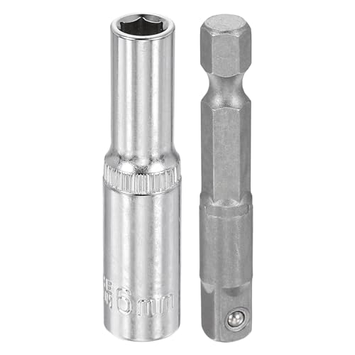 HARFINGTON Deep 6-Point Impact Socket 1/4" Drive 6mm Metric Socket 50mm (2") Long with 1/4" Hex Shank Adapter, CR-V Steel Socket Adapter Accessory Tool Set Kit for Hex Bolts Nuts - size: 6mm x 50mm