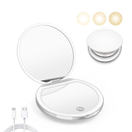 Kakuje Compact Mirror with Light, 1X/3X Magnification LED Pocket Mirror with USB Data Cable,Mini Mirror for Purse, Pocket,Travel and Present (White) - color: White