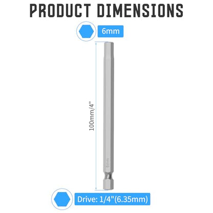 5 Pcs H6 S2 Steel Hex Bit, 6mm, 100mm Length, 1/4" Shank | Magnetic Hex Allen Wrench Screwdriver Bit, 1/4" Hex Shank, Impact Driver Bit for Furniture, Auto Repair & DIY - size: H6, style: 100mm