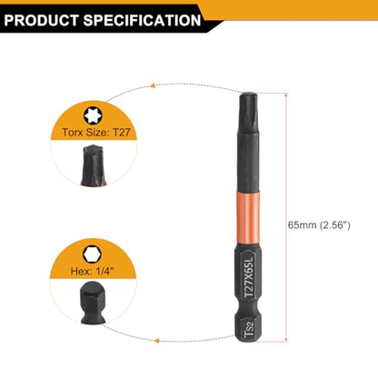HARFINGTON 3pcs T27 Torx Head Screwdriver Bit 2.56" (65mm) Long 1/4" Hex Shank Magnetic No Hole Tamper Proof 6 Point Star Screw Driver Drill Bits Phosphate S2 Steel Industrial Power Tools - size: T27