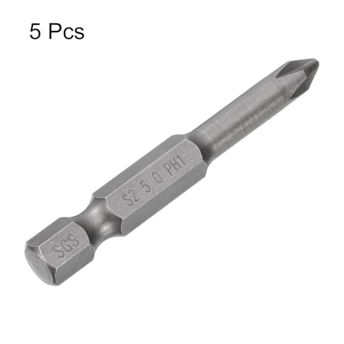 HARFINGTON 5pcs #1 Phillips Screwdriver Bit PH1 1/4" Hex Shank 2" (50mm) Long Magnetic S2 Steel Industrial Grade Screw Driver Bit Cross Head Electric Drill Bits 0.197" (5mm) Rod - size: PH1 x 50mm x 5mm