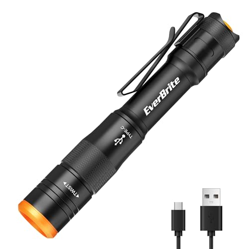 EverBrite Mini Pen Light, Rechargeable Pocket Pen Flashlight with USB C Cable, 4 Light Modes, 300 Lumens Small Flashlight with Clip for Inspection, Repair, Outdoors, Emergency, Black - color: Black