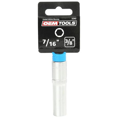 OEMTOOLS 22343 7/16" SAE Deep Socket, 3/8" Drive Sockets, Individual Sockets, Thin Wall Design for Tight Spaces, Easy Identification, Hex Automotive Tool