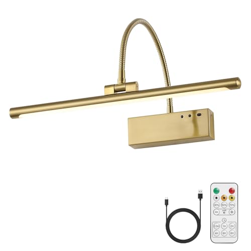 JOOSENLUX Rechargeable Picture Light with Remote Control - 3 Color Temperatures, Timer, Flexible Neck for Artwork & Piano Lighting, 5000mAh Battery, Brass Finish 2700K CRI95+ - color: Brass, size: Model B