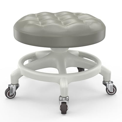 Upgraded Low-Profile Rolling Stool with 360° Smooth Rubber Wheels – Heavy-Duty 450lbs, Puffed PU Seat & Anti-Tip Base | Ideal for Home, Office, Salon, Workshop, Mechanic, Garage, Grey - style: Puffed Grey Seat White Frame