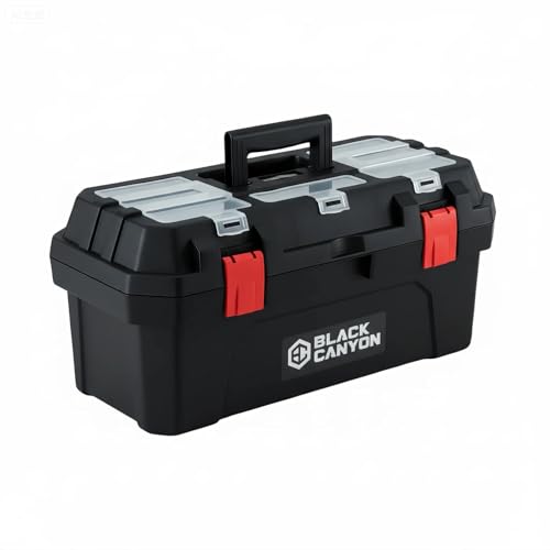 Black Canyon Tool Box - 19 Inch Plastic Dual-Layer Design, 44 lbs Load Capacity Portable Tool Box, Ergonomic Handle, Stackable & Top-Lid Storage, Perfect for DIY, Workshop & Job Site Organization - size: 19 IN/PLST