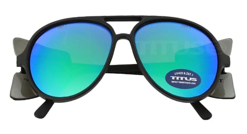 TITUS G35 Retro Aviator Z87 DOT ANSI CE Approved Safety Glasses | W/Protective Side Shields, UV400 Polycarbonate Lenses, Flexible Nylon Stems, Eye Protection, Sunglasses, Motorcycle, Shooting - color: Ocean Rev Mirror Over Smoke