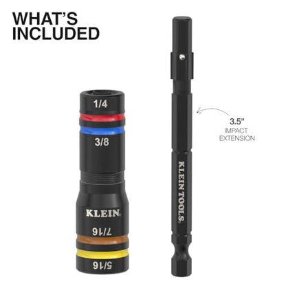 Klein Tools 651QS Quad Socket, 4 Sizes in 1 Socket, 4-in-1 Color Coded SAE Impact Rated, Heavy Duty, 1/4-Inch Drive, 3-1/2-Inch Shaft - size: 4 Sizes, SAE