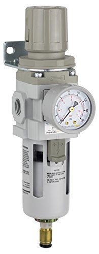 PneumaticPlus SAW300-N03BDG Compressed Air Filter Regulator Piggyback Combo 3/8" NPT - Poly Bowl, Auto Drain, Bracket, Gauge - style: Poly Bowl - Auto Drain