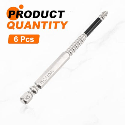 HARFINGTON 6pcs Impact Phillips Screwdriver Bit PH2 (#2) Anti Slip Tip 1/4" Hex Shank 4" (100mm) Long Magnetic Cross Screw Driver Industrial Power Drill Bits for Remove Fastening Screws - size: 4 inch