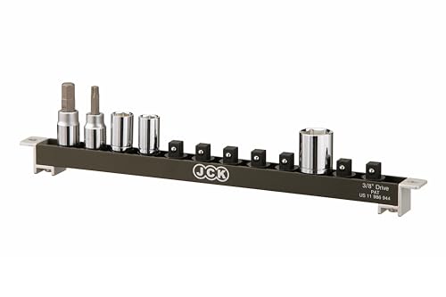 JCK 3/8" Drive Socket Organizer Rail, Brass Locking Studs, 12 Clips | Aluminum 3/8" Socket Rail with 12 Brass-Locking Swivel Clips, Ball Detent Hold, and Mounting Holes for Toolboxes or Walls - style: 3/8" Drive Socket Holder