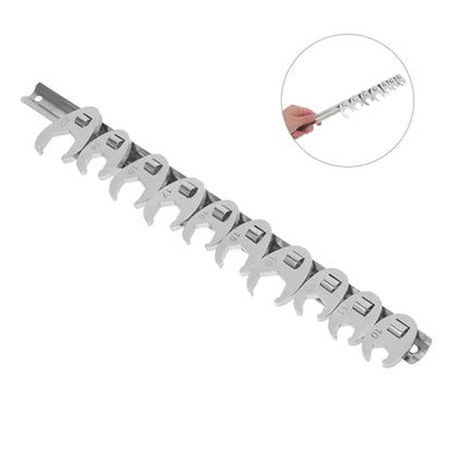 10pcs 3/8-inch Metric Ratcheting Crowfoot Wrench Set with Interchangeable Open-end Heads, Silver Steel Flare Nut Ratchet Tool for Automotive and Mechanical Repair
