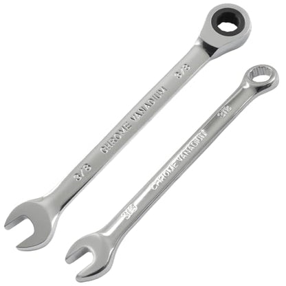 3/8 Inch Ratcheting Wrench 2 Pcs 72-Tooth 12-Point Chrome Plated | Forged 45# Carbon Steel Durable, 5-Degree Arc For Tight Spaces, 12-Point Protects Fasteners, Polished Chrome Anti-Rust - size: 3/8 Inch