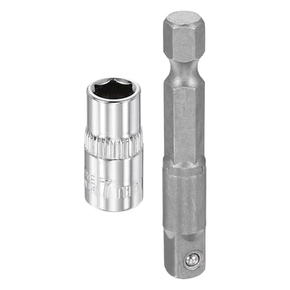 HARFINGTON Deep 6-Point Impact Socket 1/4" Drive 7mm Metric Socket 25mm (1") Long with 1/4" Hex Shank Adapter, CR-V Steel Socket Adapter Accessory Tool Set Kit for Hex Bolts Nuts - size: 7mm x 25mm
