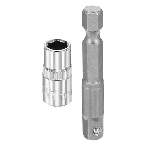 HARFINGTON Deep 6-Point Impact Socket 1/4" Drive 7mm Metric Socket 25mm (1") Long with 1/4" Hex Shank Adapter, CR-V Steel Socket Adapter Accessory Tool Set Kit for Hex Bolts Nuts - size: 7mm x 25mm