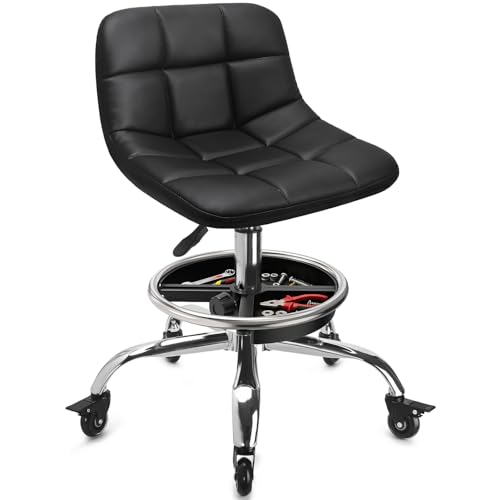 Rolling Shop Stool Mechanics Rolling Chair with Backrest, Adjustable Height Heavy Duty Garage Stool with Footrest and Storage Tray, Swivel Task Chair for Workshop (Black-with Tool Tray) - color: Black-with Tool Tray