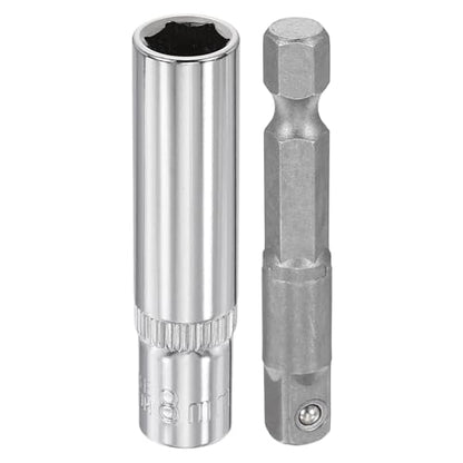 HARFINGTON Deep 6-Point Impact Socket 1/4" Drive 8mm Metric Socket 50mm (2") Long with 1/4" Hex Shank Adapter, CR-V Steel Socket Adapter Accessory Tool Set Kit for Hex Bolts Nuts - size: 8mm x 50mm