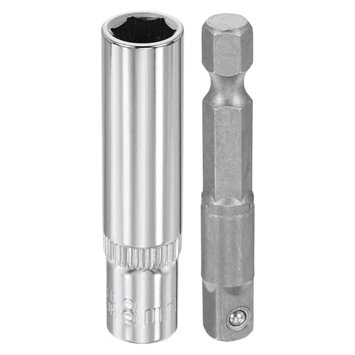 HARFINGTON Deep 6-Point Impact Socket 1/4" Drive 8mm Metric Socket 50mm (2") Long with 1/4" Hex Shank Adapter, CR-V Steel Socket Adapter Accessory Tool Set Kit for Hex Bolts Nuts - size: 8mm x 50mm