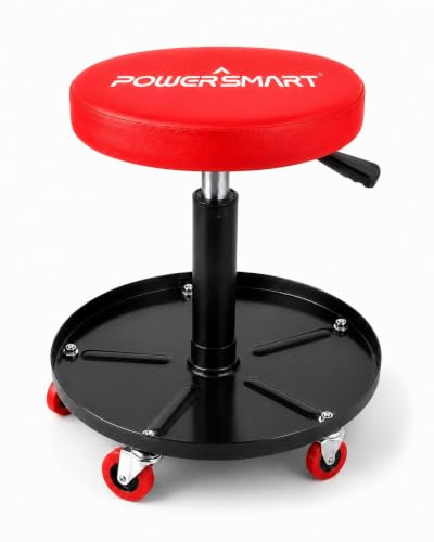 PowerSmart Rolling Mechanic Stool with Wheels, Pneumatic Adjustable Garage Shop Seat with Tool Tray, 330 lb Capacity Hydraulic Swivel Creeper Stool for Automotive Repair, Car Detailing & Workshop
