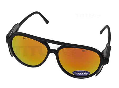 TITUS G35 Retro Aviator Z87 DOT ANSI CE Approved Safety Glasses | W/Protective Side Shields, UV400 Polycarbonate Lenses, Flexible Nylon Stems, Eye Protection, Sunglasses, Motorcycle, Shooting - color: Fire Rev Mirror Over Smoke