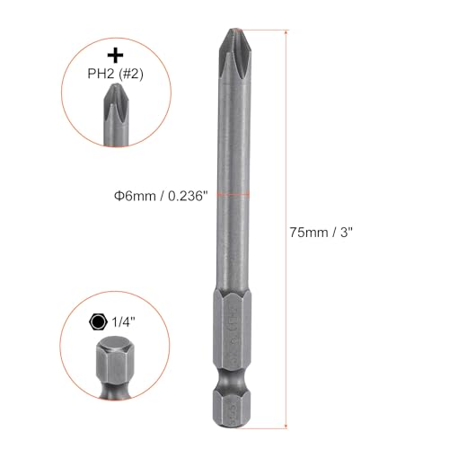 HARFINGTON 5pcs #2 Phillips Screwdriver Bit PH2 1/4" Hex Shank 3" (75mm) Long Magnetic S2 Steel Industrial Grade Screw Driver Bit Cross Head Electric Drill Bits 0.236" (6mm) Rod - size: PH2 x 75mm x 6mm