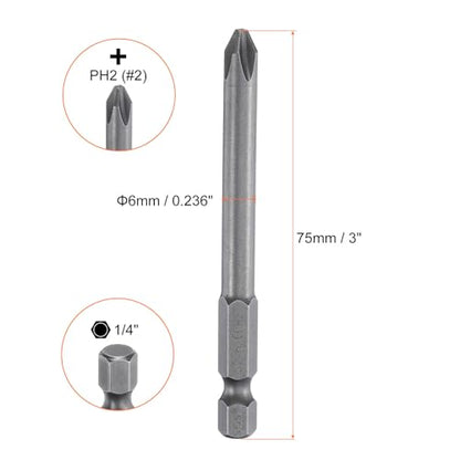 HARFINGTON 5pcs #2 Phillips Screwdriver Bit PH2 1/4" Hex Shank 3" (75mm) Long Magnetic S2 Steel Industrial Grade Screw Driver Bit Cross Head Electric Drill Bits 0.236" (6mm) Rod - size: PH2 x 75mm x 6mm