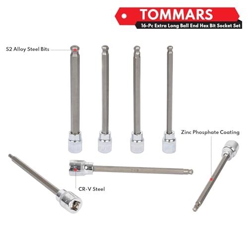 TOMMARS 16-Pc 3/8 Inch Drive Ball End Long Hex Bit Socket Set | Ball End, Extra Long Allen Socket Set, SAE & Metric 1/8-3/8 in., 3-10 mm,CR-V , S2 Steel - style: Ball End,3-10mm,1/8"-3/8"(16PCS)