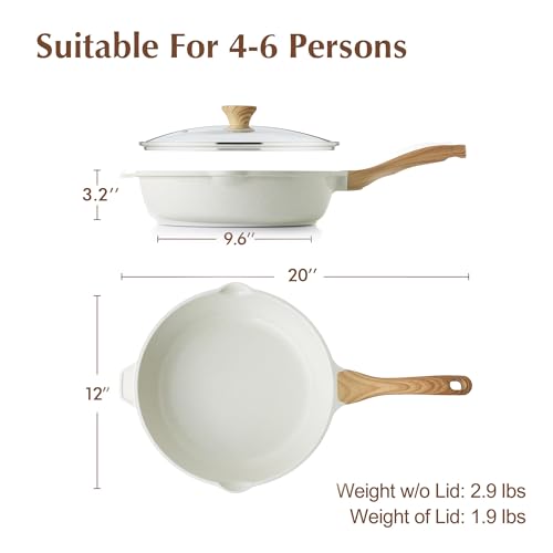 SENSARTE Nonstick Ceramic Saute Pan 12-Inch, 5QT Non-toxic Deep Frying Pan Skillet with Lid, Healthy No Teflon Cookware, Stay Cool Handle, Induction Compatible, PFAS Free - color: Ceramic White, size: 12-inch/5QT