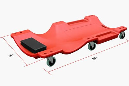 LARIN 40 Inch Mechanic Creeper – Blow Molded Low Profile Rolling Garage Creeper with Padded Headrest, Dual Tool Trays, 350 lbs Capacity, Ergonomic Shoulder Recess Design
