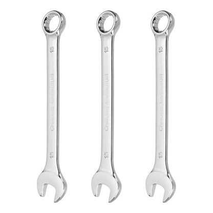 HARFINGTON 3Pcs Combination Wrench 15mm Metric 12-Point Box and Open End CR-V Steel Double Ended Spanner Tool for Automotive Pipe Furniture Machinery DIY Repair, Silver White - size: 15mm