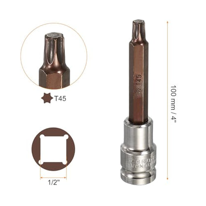 HARFINGTON 2Pcs Torx Bit Socket 1/2" Drive T45 S2 Steel 6 Point Head Long Screwdriver Drill Bits CR-V Steel Socket Adapter for Home Auto Axle Hex Nuts Bolts Repair - size: T45