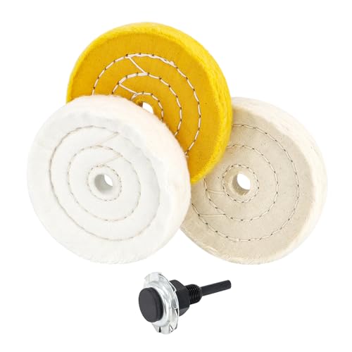 SCOTTCHEN 4" Buffing Polishing Wheel with 1/4" Handle for Drill, 1/2" Arbor Hole,Cotton Fine (50Ply),Ultra Fine(30 Ply)，Treated Yellow (38 Ply) -3pcs - color: Multi 4pcs, size: 4 inch