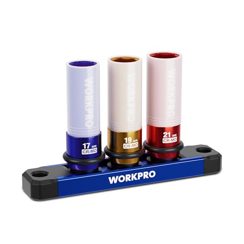 WORKPRO 1/2" Drive Lug Nut Impact Duty Socket Set, 3 Pieces 17-19-21mm Deep Thin Wall Socket Set, Made of Premium Cr-Mo Steel, Non-Marring Lug Nut Wheel Sockets for Car - size: 1/2" DR x 3pcs (17/19/21mm)