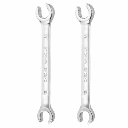 HARFINGTON 2 Pcs Flare Nut Wrench 13mm x 14mm Metric Double Open End Thick Spanner Mirror Polish Finish 45# Steel Brake Line Wrench For Fuel Tube Hose Transmission Line, Silver - size: 13mm x 14mm