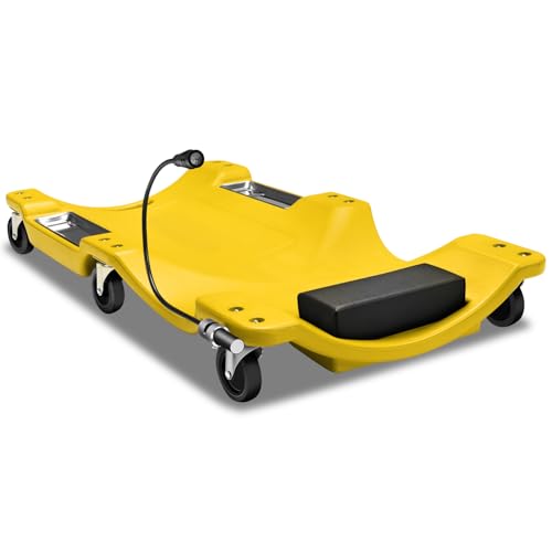 DNA Motoring 40 Inch Low Profile Plastic Rolling Garage Shop Floor Creeper with LED Light, Padded Headrest, Dual Tool Trays, Casters, Yellow, TOOLS-00389-YL - color: Yellow, style: 40"-Yellow