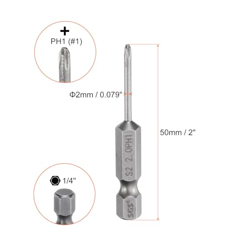 HARFINGTON 5pcs #1 Phillips Screwdriver Bit PH1 1/4" Hex Shank 2" (50mm) Long Magnetic S2 Steel Industrial Grade Screw Driver Bit Cross Head Electric Drill Bits 0.079" (2mm) Rod - size: PH1 x 50mm x 2mm