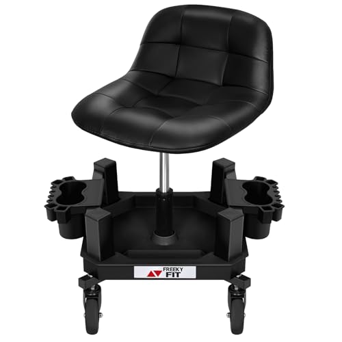 Rolling Stool with Wheels, Adjustable Shop Stool Mechanic Seat, Garage Shop Roller Work Chair, Mobile Rolling Seat with Tool Tray, 2 Cup Holders, 4" Casters, 350 LBS, Heavy-Duty, Black - color: Black