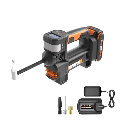 WORX WX092L Cordless Tire Inflator Portable Air Compressor 20V 150 PSI | Digital Pressure Gauge, Auto Shut-Off, Battery & Charger Included, For Car Tires, Motorcycle & Balls, Bike Pump - style: 3-Accessory Air Pump w/Battery & 0.4 Ah Charger