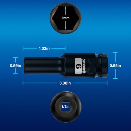 1/2 Inch Drive x 9mm Deep 6PT CR-MO Impact Socket for Removing Axle nut | Metric Socket,6-Point Radius Corner Design,Two Size Markings,Square Chamfered Opening,For Removal of Axle Nut - size: 9 mm, style: 1/2" Drive Deep Socket