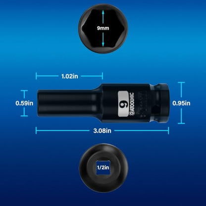1/2 Inch Drive x 9mm Deep 6PT CR-MO Impact Socket for Removing Axle nut | Metric Socket,6-Point Radius Corner Design,Two Size Markings,Square Chamfered Opening,For Removal of Axle Nut - size: 9 mm, style: 1/2" Drive Deep Socket