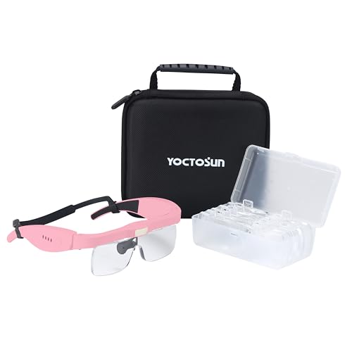 YOCTOSUN Magnifying Glasses with 3 LED Lights, Storage Case, Head Strap and 5 Detachable Lenses 0.75X,1.25X,2.0X,3.0X 4.0X, Magnifying Headset for Close Work, Jewelry, Hobby - color: Pink With Storage Case