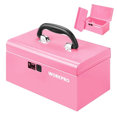 WORKPRO 10.8" Portable Mini Metal Tool Box with Removable Color-Matching Tray, One-Button Latch Toolbox, Steel Tool Chest with PP Handle, Compact Storage Organizer for Home, Office or Workshop - color: Pink