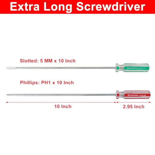 10 Inch Long #1 Phillips & 5mm Slotted Screwdriver 2-Piece Set, Magnetic Tip Flat Blade Cross-head Screwdrivers (Red, Green) - size: 10 Inch #1 (Phillips+Slotted)
