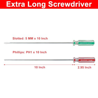 10 Inch Long #1 Phillips & 5mm Slotted Screwdriver 2-Piece Set, Magnetic Tip Flat Blade Cross-head Screwdrivers (Red, Green) - size: 10 Inch #1 (Phillips+Slotted)