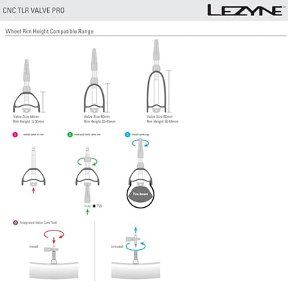 LEZYNE CNC TLR Valve Pro Tubeless Valve Pair for MTB, Gravel & Road Bikes | CNC Aluminum Presta Valve Stems, Bicycle Tire Insert Compatible, Sealant Friendly - 80mm, Black (1-PK-TLRVL80-V204) - color: Black, size: 80 mm