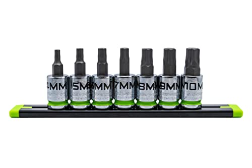 GRIPEDGE HEX Bit Socket Set | 7-PC - 3/8'' Drive Short Metric RPT Hex Driver Set | Sizes 4MM - 10MM | Made With S2 Steel | Includes Premium Aluminum Storage Rail |