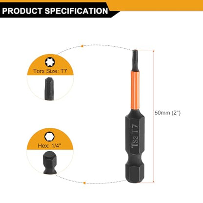 HARFINGTON 3pcs T7 Torx Head Screwdriver Bit 2" (50mm) Long 1/4" Hex Shank Magnetic No Hole Tamper Proof 6 Point Star Screw Driver Drill Bits Phosphate S2 Steel Industrial Power Tools - size: T7 x 50mm