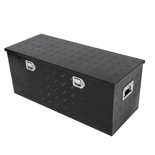 confote 44 Inch Heavy Duty Aluminum Stripes Plated Tool Box Pick Up Truck Bed RV Trailer Toolbox Waterproof Square Storage Organizer with Side Handle, Lock and Keys -44"x 18"x 18"，Black - color: Black, size: 44"x 18"x 18"