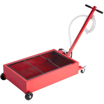 VEVOR Low Profile Oil Drain Pan, 17 Gal Capacity, Rolling Oil Drain Pan with 110V High-Flow Electric Pump, 7.2 ft Hose & T Folding Handle, Leak-Proof & Corrosion-Resistant, Fit for Trucks, ATVs, Red - size: 39.76 x 23.62 x 26.77 in